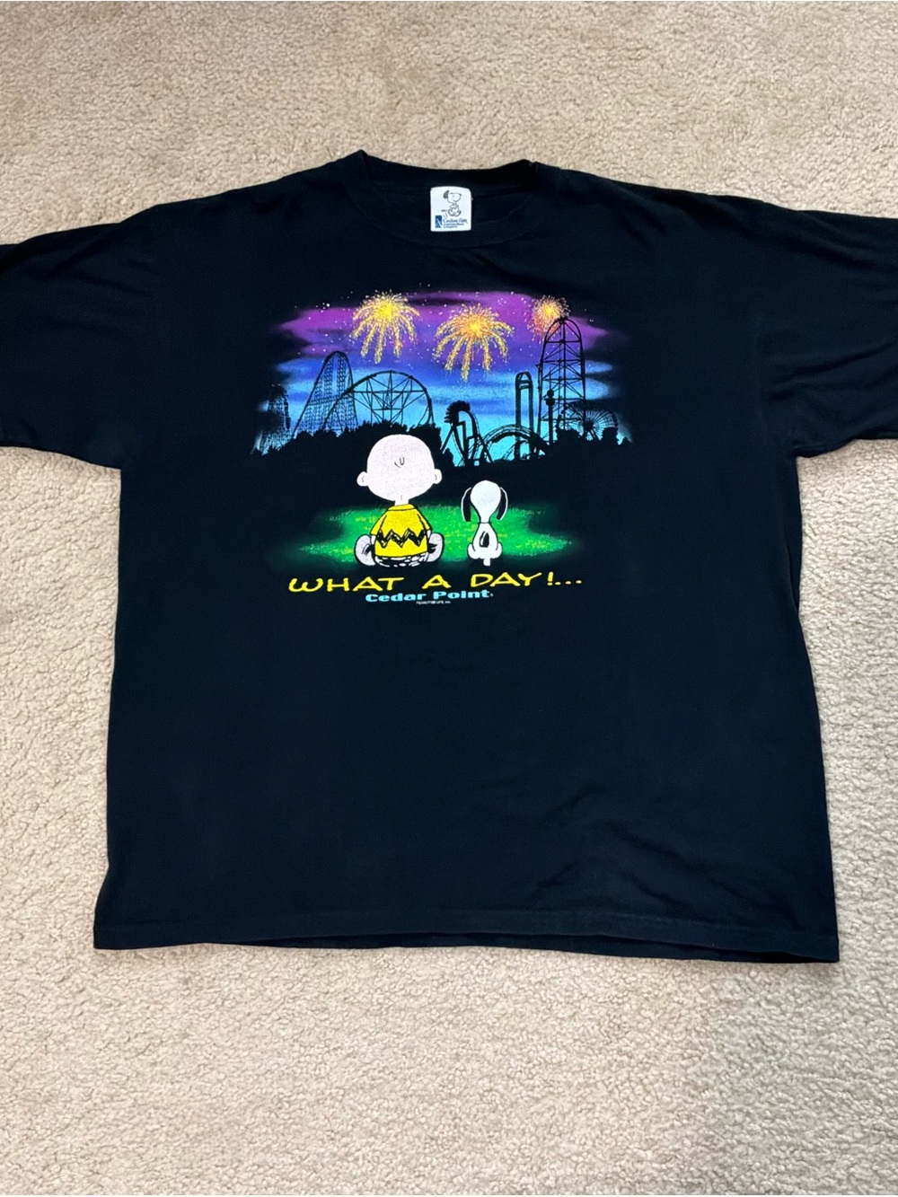 Peanuts Black T‑Shirt with Colorful Fireworks and Cedar Point Graphic